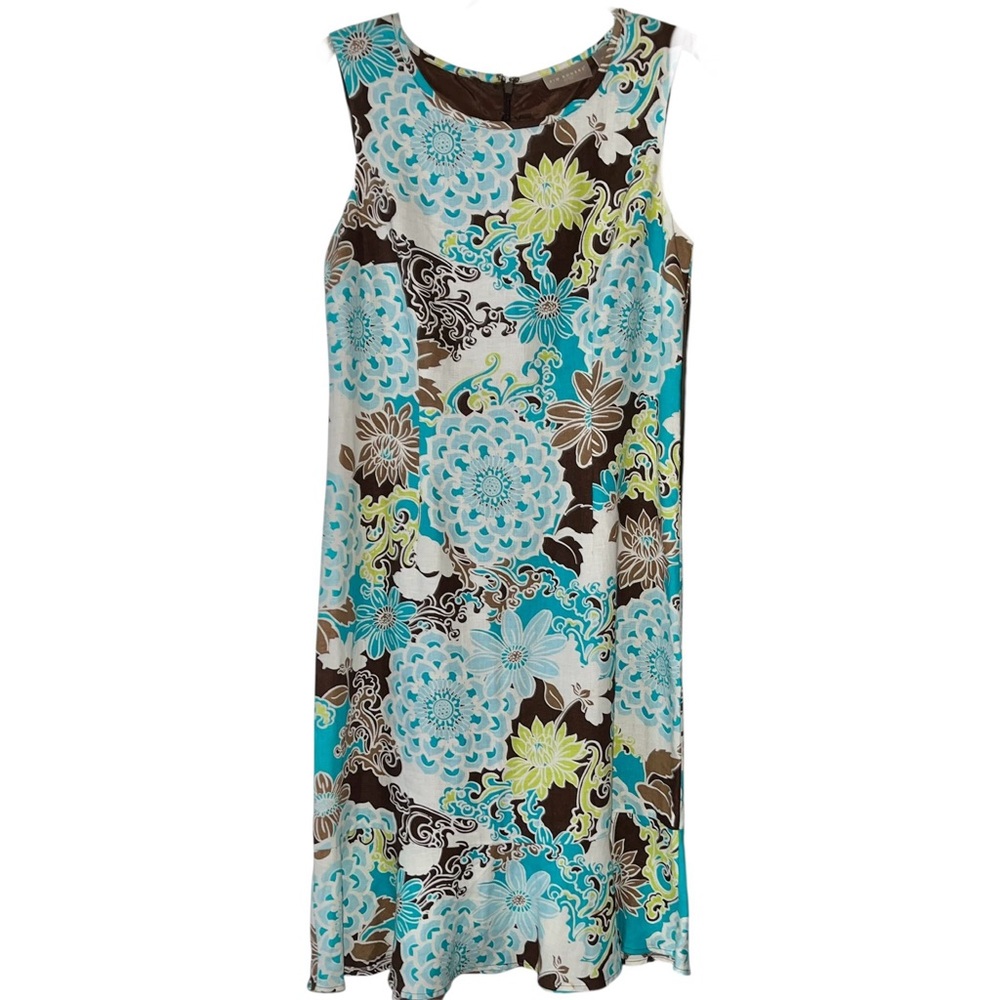 Kim Rogers Brown and Aqua Floral Patterned Dress Sz 10P